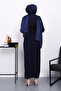 Navy Blue Crepe Dress with Draped Buckles on the Front - 4