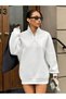 Women's White Half Zipper High Collar 3 Thread Winter Sweatshirt Hoodie - 4