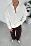 Ecru Half-Zip High Neck Knit Sweater