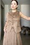 Suede Vest Skirt Set with Belt and Slit Midi Length - 2