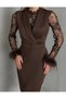 Women's Wrap Neckline Dress with Lace Detail and Feather Cuffs for Engagement, Wedding, and Ceremony
