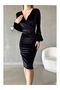 Black Velvet Fabric Long Sleeve Double Breasted Dress - 3