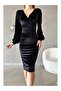 Black Velvet Fabric Long Sleeve Double Breasted Dress - 4