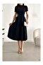 Black Short Sleeve Pocketed Long Crepe Fabric Dress - 2