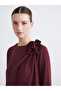 Burgundy Crew Neck Gathered Crepe Blouse - 4