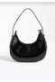 Women's Patent Leather Baguette Zipper Closure Strap Detailed Shoulder Bag Suede Navy Blue - Patent Leather Black - White