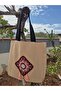 Burgundy Authentic Square Pattern Detailed Cream Duck Linen Shoulder Bag - 5