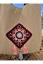 Burgundy Authentic Square Pattern Detailed Cream Duck Linen Shoulder Bag - 7