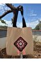 Burgundy Authentic Square Pattern Detailed Cream Duck Linen Shoulder Bag - 8