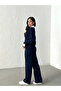 Women's Navy Blue Stylish Collar Detailed Sweater Pants Bottom Top Two-Piece Knitwear Set - 4