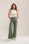 Women's Khaki Modal Wide Leg Striped High Waist Soft Textured Lycra Trousers with Elastic Waist