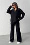 Women's Black Polo Neck Sweater High Waist Pants Bottom Top Two-Piece Knitwear Set