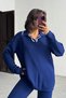 Women's Navy Blue Polo Neck Sweater High Waist Pants Bottom Top Two-Piece Knitwear Set - 5