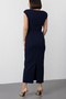 Draped Degaje Collar Navy Blue Midi Dress with Gold Accessories - 4