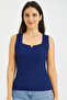 Navy Blue Knitwear High Quality Thick Strap Sleeveless Blouse Ribbed Stretchy Soft Slim Square Neck - 2