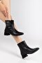 Black Women's Short Heeled Boots Blunt Toe Metal Accessory Faux Leather - 3