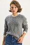 Women's Gray Crew Neck Hair Knit Patterned Ripped Cuff Detailed Knitwear Sweater Tk251087 60283599 - 4