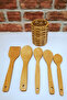 Round Bamboo Stand - Wooden Spoon Spatula Serving Set -6 Pieces - 2