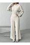 Women's Ecru Modal Textured Hoodie Wide Leg Pants Top and Bottom Soft Sportswear Set - 3