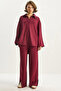 Women's Burgundy Button Detailed Polo Collar Relaxed Cut Modal Top and Bottom Set 4036 60283607