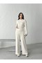 Women's Ecru Modal Textured Hoodie Wide Leg Pants Top and Bottom Soft Sportswear Set