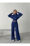 Women's Navy Blue Modal Textured Hoodie Wide Leg Pants Top Bottom Soft Sportswear Set