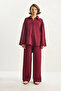 Women's Burgundy Button Detailed Polo Collar Relaxed Cut Modal Top and Bottom Set 4036 60283607 - 2