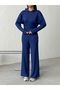 Women's Navy Blue Modal Textured Hoodie Wide Leg Pants Top Bottom Soft Sportswear Set - 3