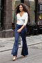 Women's Wrap Double-Breasted Gathered Capri Three-Quarter Sleeve Lycra Stylish Lightweight Shiny Fabric Body Blouse-Cream - 6