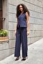 Women's Lightweight Stretchy Fabric High Waist Side Pockets Wide Leg Palazzo Pants-Navy Blue - 2