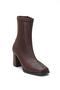 Brown Women's Heeled Boots Stretch Faux Leather Blunt Toe Chunky Heels - 4