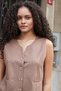 Women's Suede Textured Fabric Wide Crew Neck Flato Pocket Vest-Mink - 5