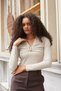 Women's Lightweight Shiny Stylish Flexible Fabric V-Neck Gathered Front Long Sleeve Blouse with Accessories-Stone - 6