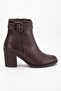 Brown Women's Heeled Boots Faux Leather Terrmo Sole Flat Bottom - 3