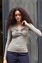 Women's Lightweight Shiny Stylish Flexible Fabric V-Neck Gathered Front Long Sleeve Blouse with Accessories-Khaki - 2