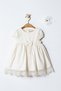 GIRL'S LONG-SLEEVED ECRU COTTON LINEN SLEEVE-ROUND KNITTED CARDIGAN WITH COLLAR AND HEM DETAILS DRESS SET - 6