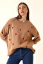 Crew Neck Heart Patterned Winter Knit Sweater