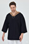 V-Neck 4/3 Sleeve Oversized T-Shirt with Ruffles Off-Shoulder - 6
