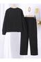 Girl's Minimal Bow Printed Black Crew Neck Sweatshirt-Loose Fit Black Tracksuit Set - 2