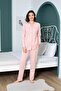 Women's Salmon Pink V-Neck Front Buttoned 100% Cotton Long Sleeve Pajama Set with Pockets - 3