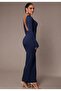 Backless Boat Neck Finger Detail Lycra Long Sleeve Dress - 5