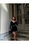 Velvet Stretch Fabric Front Pleated Detailed Belted Evening Dress 581989 Black - 2
