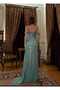 Women's Water Green Sequin Low Sleeve Slit Detail Long Evening Dress Graduation Dress - 4
