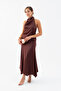Women's Brown Degaje Collar Satin Skirt Blouse Set - 3