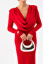Women's Red Slim Fit Pleated Cowl Neck Dress - 4