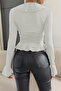Long Sleeve V-Neck Ruffled Ecru Blouse - 2