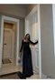 Stretchy Glitter Velvet Square Neck Stone and Belt Detailed Evening Dress 583122 Black