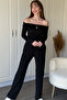Seersucker Fabric Open Shoulder Black Suit with Chest Accessories - 6