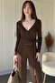 Modal Fabric Waist Tied Top and Bottom Brown Set - 8