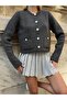 Anthracite Color Knitwear Women's Jacket with Silver Button Pocket Detail - 4